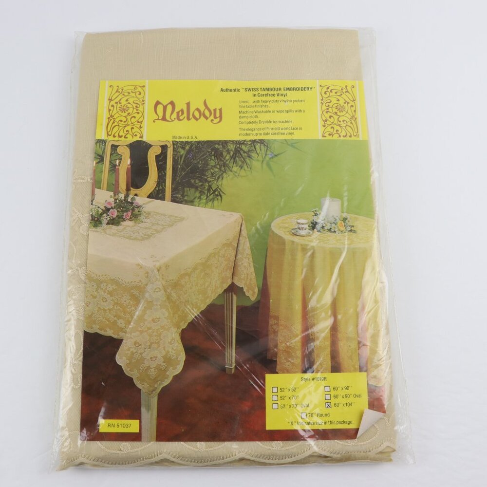 Melody Vintage Swiss Tambour Embroidery Vinyl Color Cream Tablecloth 60"x104"